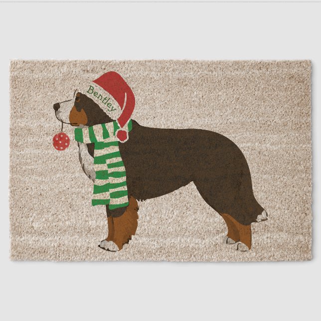 Cute Custom Christmas Bernese Mountain Dog Fiber Doormat (Front)