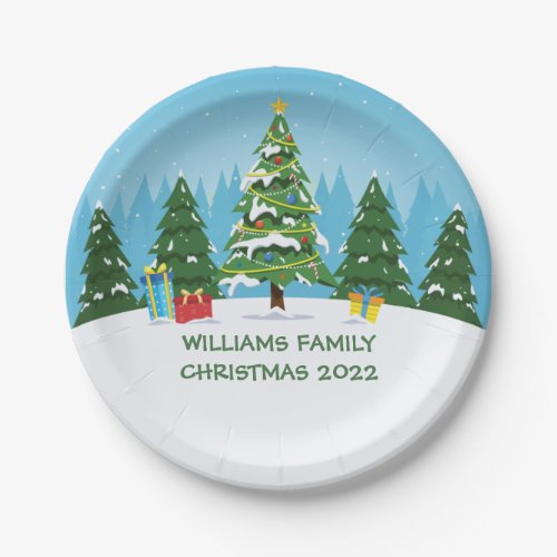 Cute Custom Christmas Tree Holiday Party Blue Paper Plates