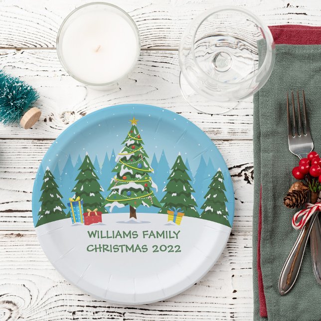 Cute Custom Christmas Trees Holiday Party Blue Paper Plates (Creator Uploaded)