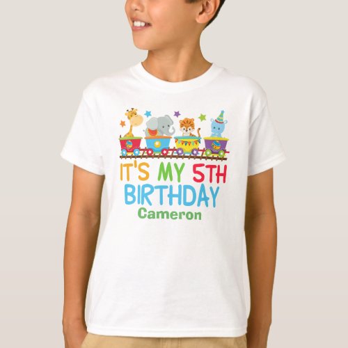 Cute Custom Circus Animal Train 5th Birthday Kids T_Shirt