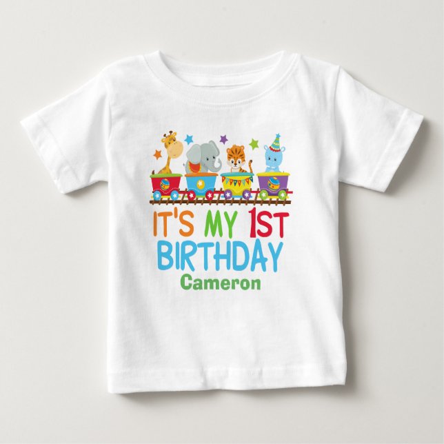 Cute Custom Circus Animal Train My 1st Birthday Baby T-Shirt (Front)