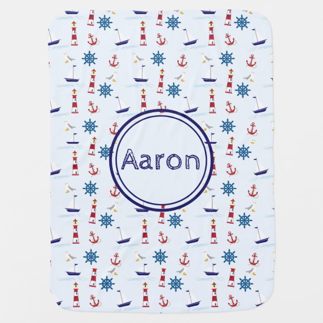 CUTE CUSTOM COASTAL LIGHTHOUSE ANCHOR BOAT BABY BLANKET (Front)