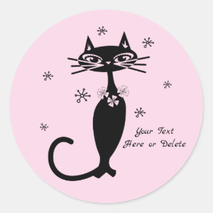 Cute Custom Color/Text Retro Mod Black Cat Pink Classic Round Sticker