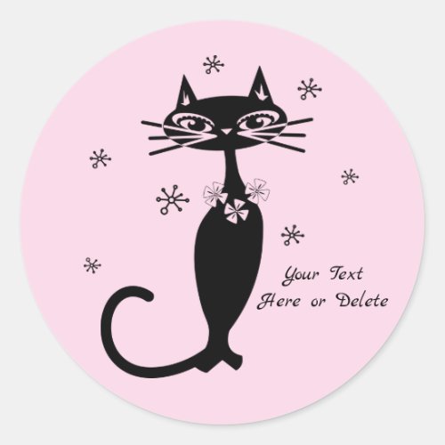 Cute Custom ColorText Retro Mod Black Cat Pink Classic Round Sticker