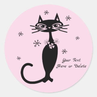 Cute Custom Color/Text Retro Mod Black Cat Pink Classic Round Sticker
