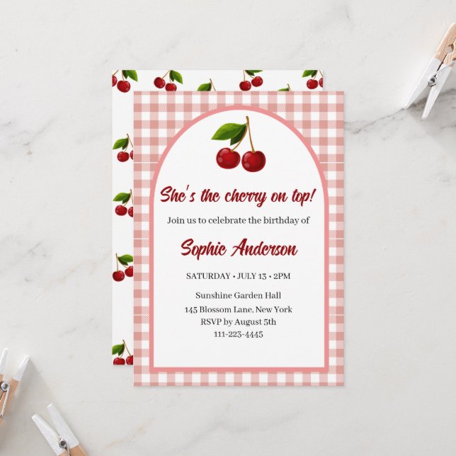 Cute Custom Coquette Cherry birthday invitation (Front/Back In Situ)