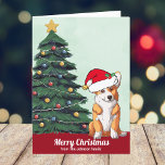 Cute Custom Corgi in Santa Hat Christmas Tree Holiday Card<br><div class="desc">This beautiful Pembroke Welsh Corgi dog has their head tilted inside of a cute Santa Claus hat. The pup is sitting in front of a pretty Christmas tree decorated with colorful ornaments. Merry Christmas is written on the front in lovely cursive on this custom pet owner holiday card with a...</div>
