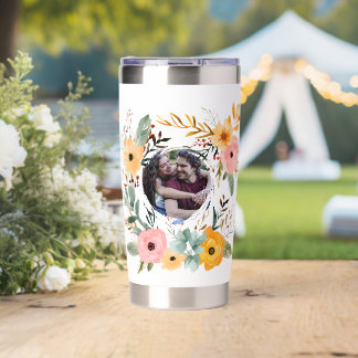 Cute Custom Couple Photo Watercolor Floral Frame Insulated Tumbler