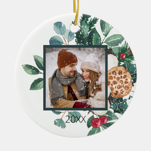Cute Custom Couples First Christmas Ceramic Ornament (Front)