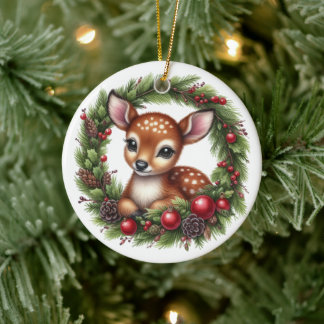 Cute Custom Deer Christmas Ceramic Ornament