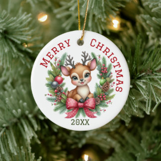 Cute Custom Deer Christmas Ceramic Ornament
