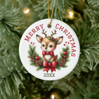 Cute Custom Deer Christmas Ceramic Ornament