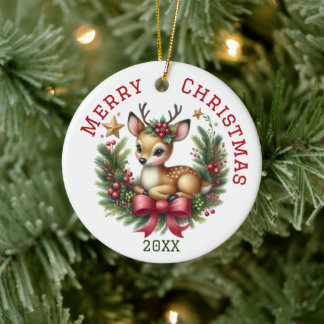 Cute Custom Deer Christmas Ceramic Ornament