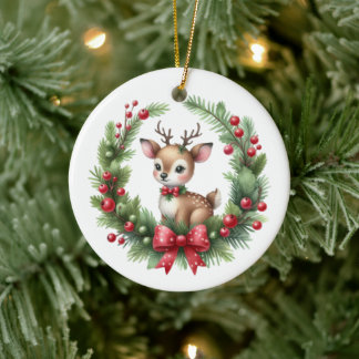 Cute Custom Deer Christmas Wreath Ceramic Ornament