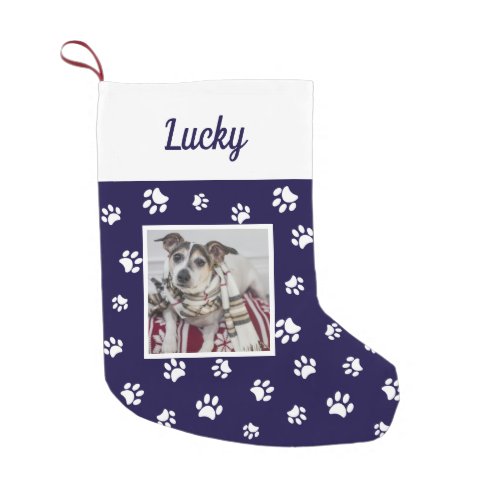 Cute Custom Dog Photo Name Blue White Paws Small Christmas Stocking