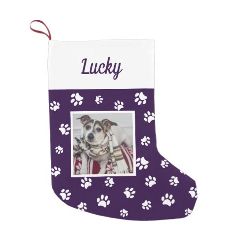 Cute Custom Dog Photo Name Purple White Paws Small Christmas Stocking