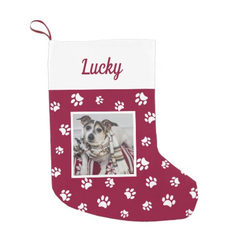 Cute Custom Dog Photo Name Red White Paws Small Christmas Stocking