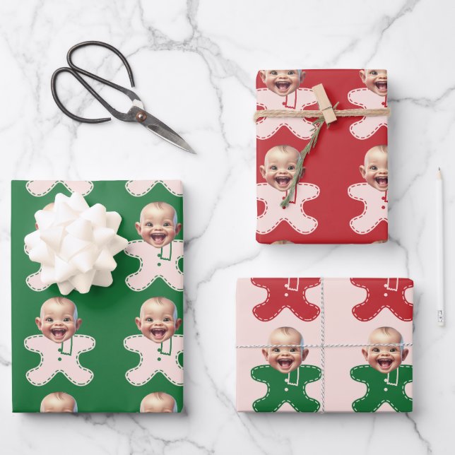 Cute Custom Face Photo Gingerbread Men Christmas Wrapping Paper Sheets (Front)