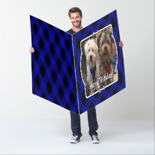 Cute Custom Family Photo Frame Blue & Black Plaid Card