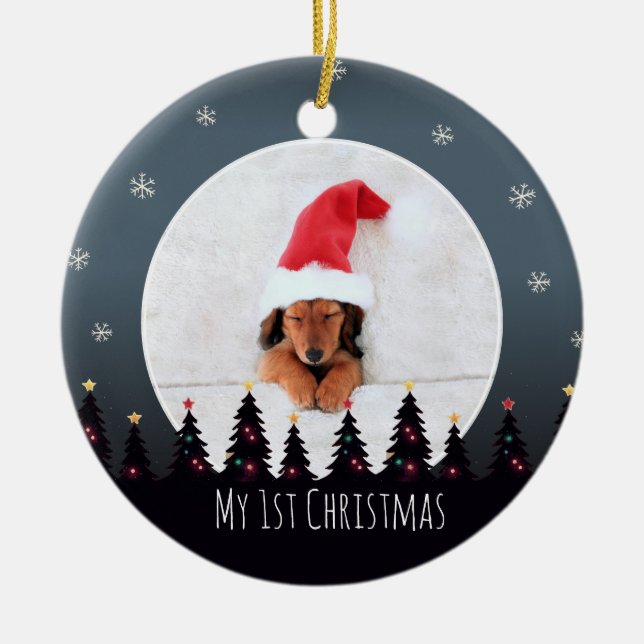 Cute Custom First Christmas Puppy Photo Template Ceramic Ornament (Front)