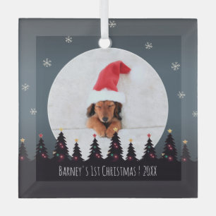 Cute Custom First Christmas Puppy Photo Template Glass Ornament