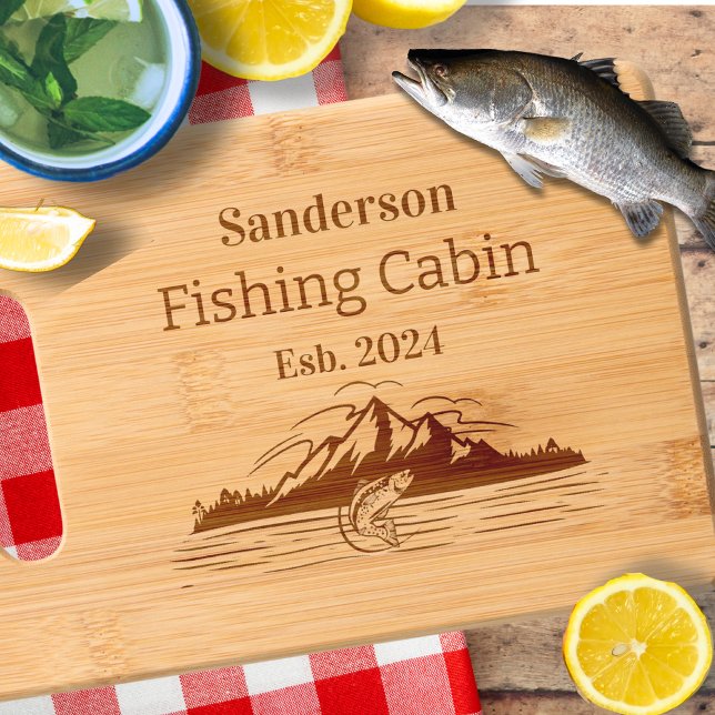 Cute Custom Fishing Cabin  Keepsake Charcuterie   Engraved Cutting Board (Creator Uploaded)