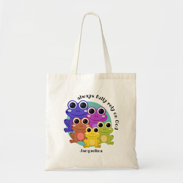 Cute Custom FULLY RELY ON GOD Christian Frog Tote Bag (Front)