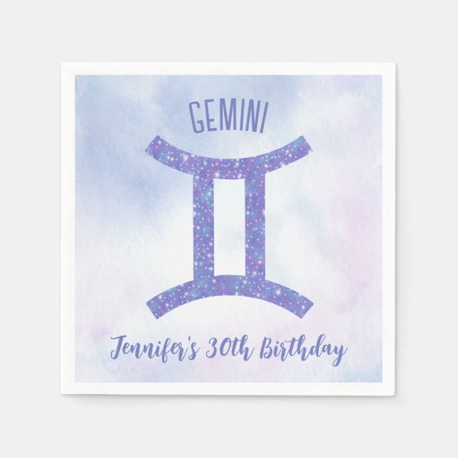 Cute Custom Gemini Sign Purple Birthday Party Napkins (Front)