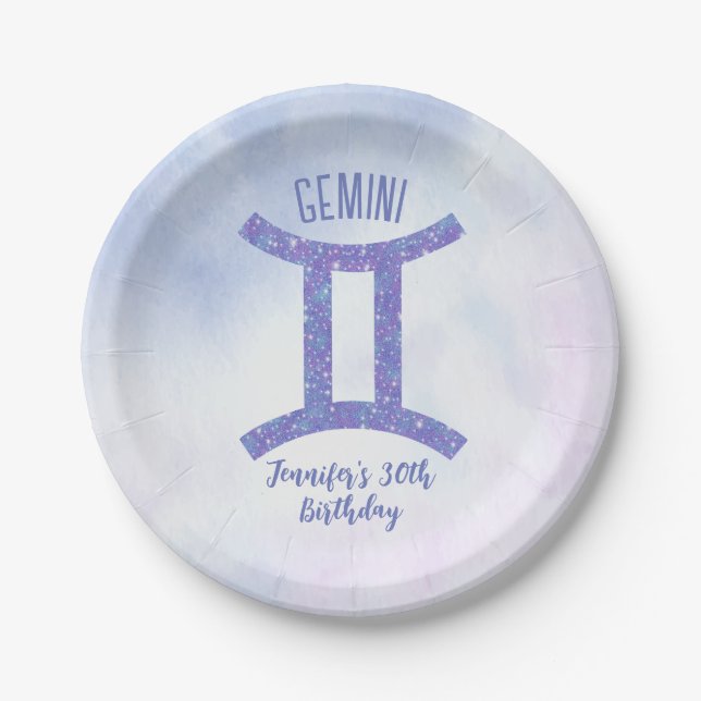 Cute Custom Gemini Sign Purple Birthday Party Paper Plates (Front)