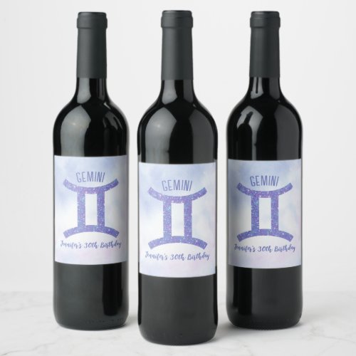 Cute Custom Gemini Sign Purple Birthday Party Wine Label