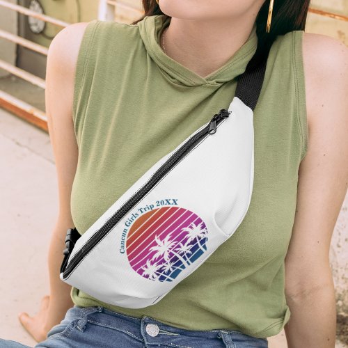 Cute Custom Girls Beach Trip Pink Palm Tree Sunset Fanny Pack