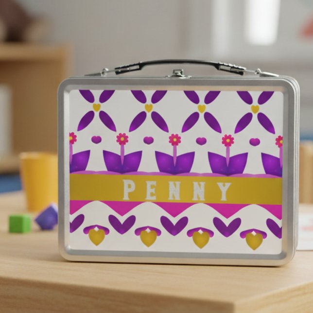 Cute Custom Girly Flowers And Hearts  Metal Lunch Box (Packed with personality (and maybe cookies).)