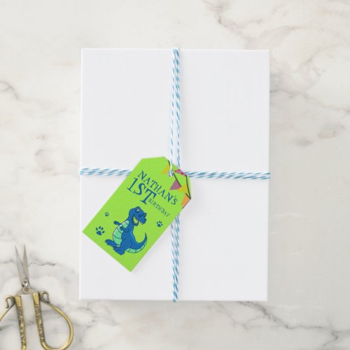 Cute Custom Green Blue Dinosaur Themed Birthday Gift Tags