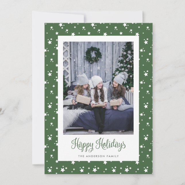 Cute Custom Green Stars Photo Holiday Card (Front)