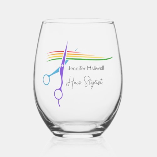 Cute Custom Hair Stylist Rainbow Scissors Salon Stemless Wine Glass