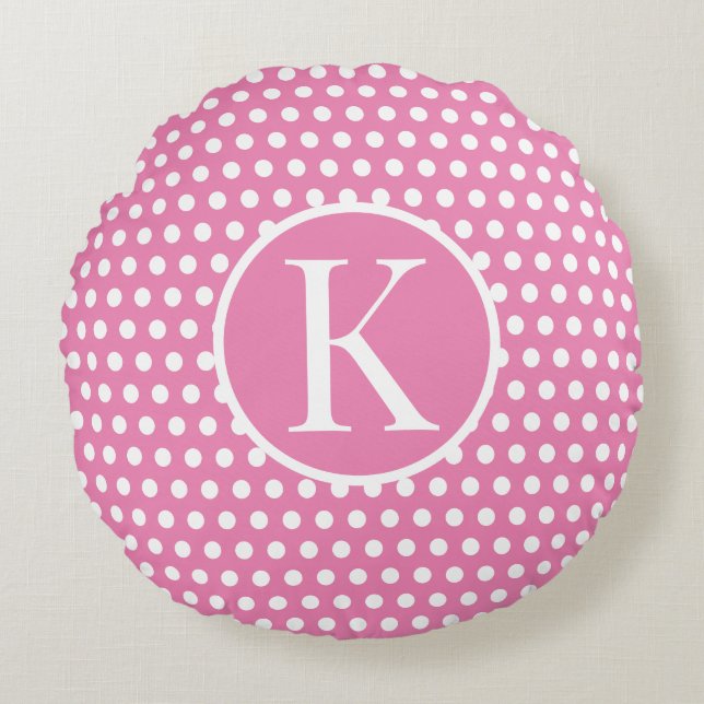 Cute Custom initial letter Polka Dot Pink Round Pillow (Front)