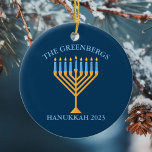 Cute Custom Jewish Family Menorah Blue Hanukkah Ceramic Ornament<br><div class="desc">Cute custom Hanukkah ornament for a Jewish family gift or Chanukah party with a synagogue. Personalize with your own last name or group information in blue around the pretty blue menorah.</div>