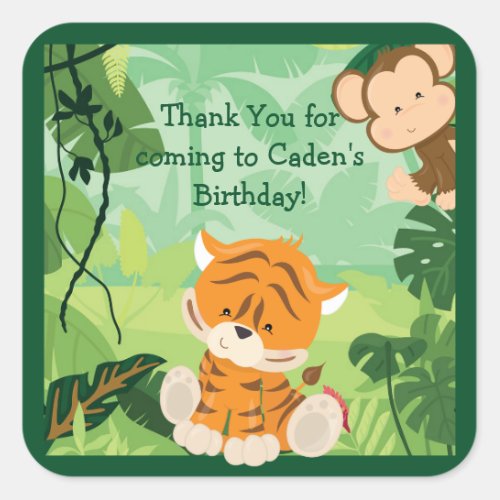 Cute Custom Jungle Kids Birthday Party Green Square Sticker