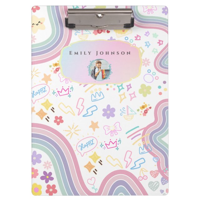 Cute Custom Kid Name & Photo Colorful  Clipboard (Front)