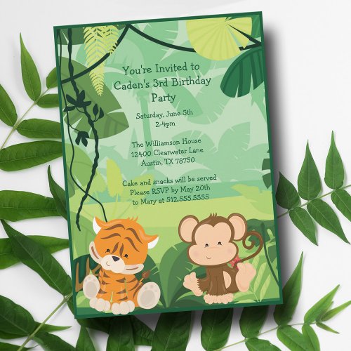 Cute Custom Kids Jungle Tiger Monkey Safari Party Invitation
