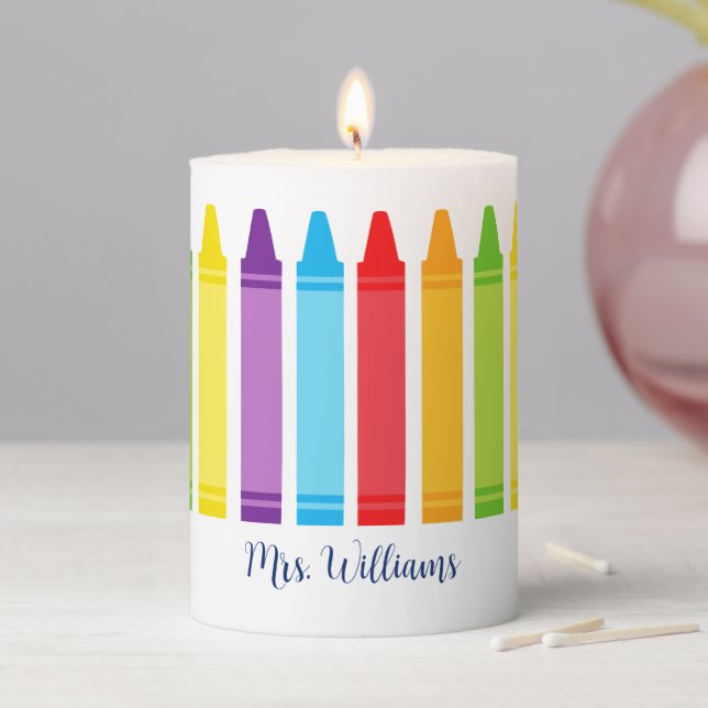 Cute Custom Kindergarten Teacher Crayon Pillar Candle (In Situ)