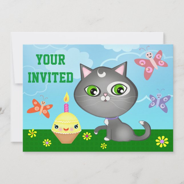 Cute Custom Kitty Kid's Birthday Party Invitation (Front)