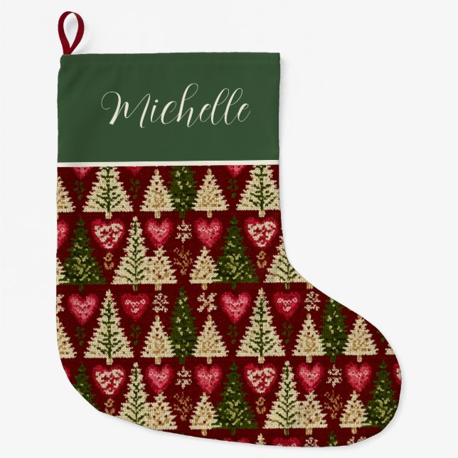 Cute Custom Knitted Style Christmas Trees Pattern  Large Christmas Stocking (Front)