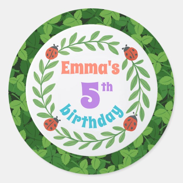 Cute Custom Ladybug & Leaf 5th Birthday Classic Round Sticker (Front)