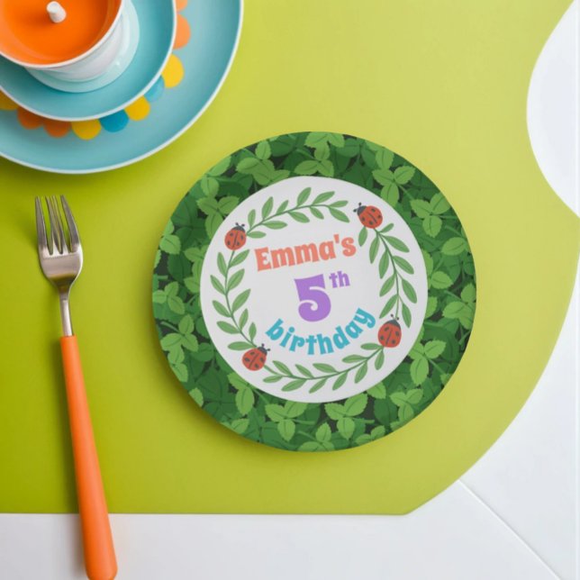 Cute Custom Ladybug & Leaf 5th Birthday Paper Plates (Creator Uploaded)