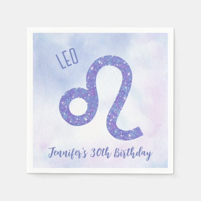 Cute Custom Leo Astrology Purple Birthday Party Napkins (Front)