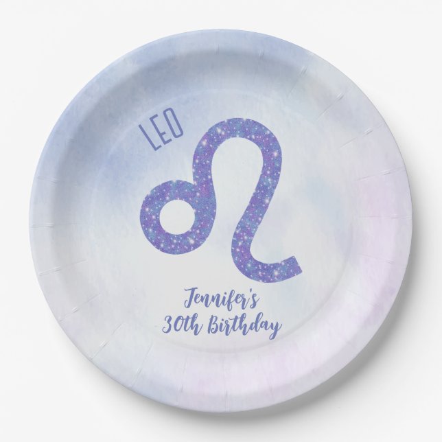Cute Custom Leo Astrology Purple Birthday Party Paper Plates (Front)