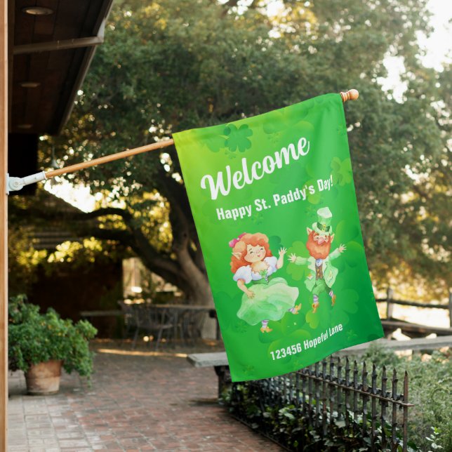 Cute Custom Leprechauns St. Patrick's Day House Flag (In SItu)