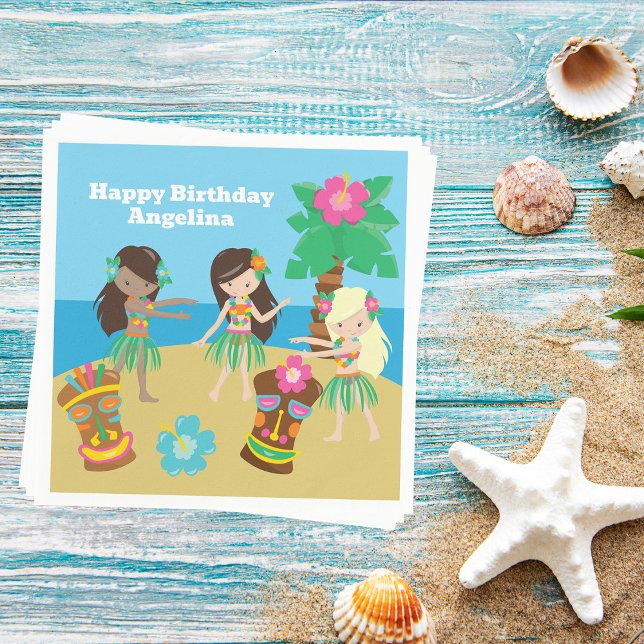 Cute Custom Luau Beach Birthday Party Hula Girls Napkins (Creator Uploaded)