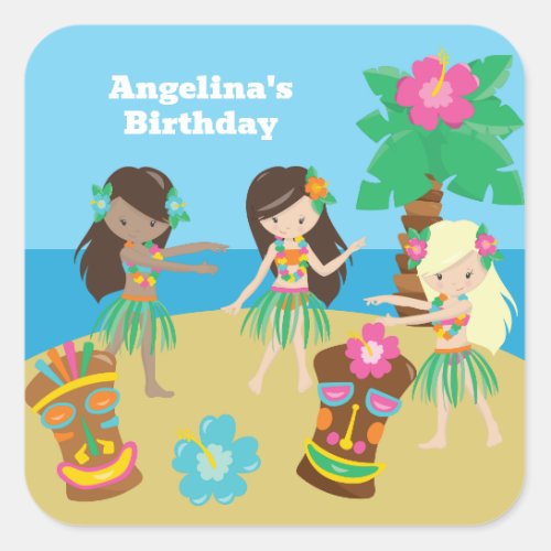 Cute Custom Luau Beach Birthday Party Hula Girls Square Sticker